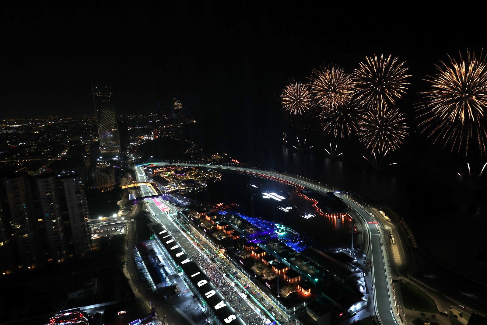Fireworks over the Jeddah Corniche Circuit at night